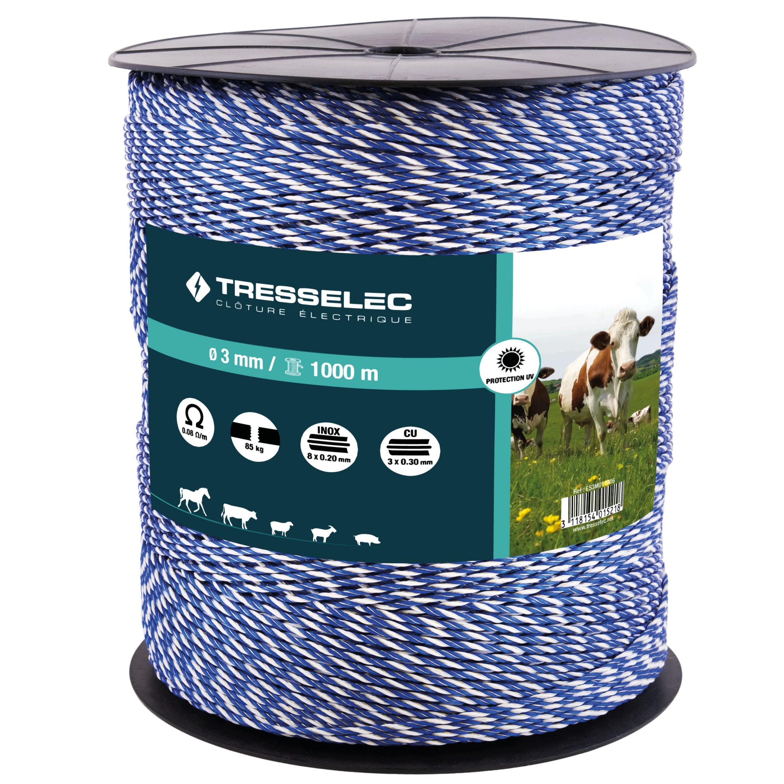 Cordon électrique Tressé TRESSELEC - Diamètre 3mm - 200m - Pour Clôture Animaux Vaches Chèvres Moutons